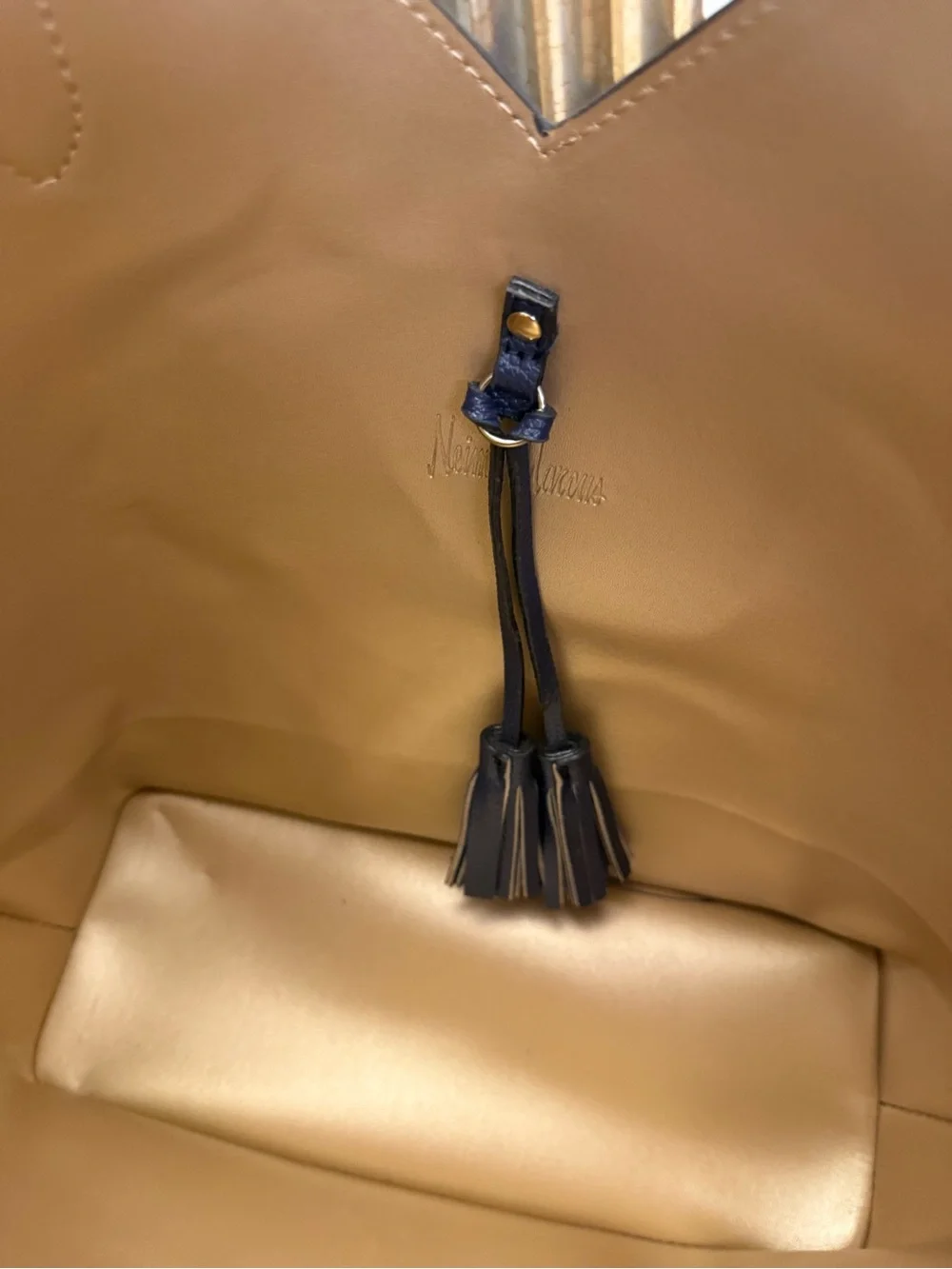 Neiman Marcus Navy Textured Leather Tote with Gold Trim